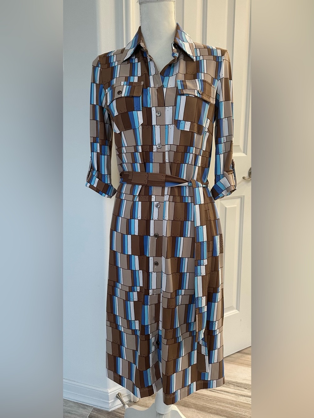 J. McLaughlin Brown, Blue & White Geometric Button-Front Shirt Dress